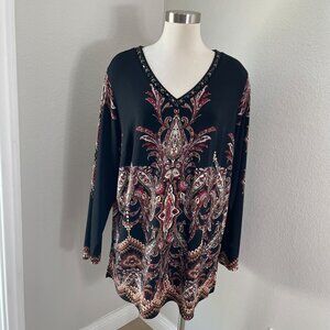 Susan Graver Artisan Womens Plus 2X V Neck Embellished Tunic Top Liquid Knit
